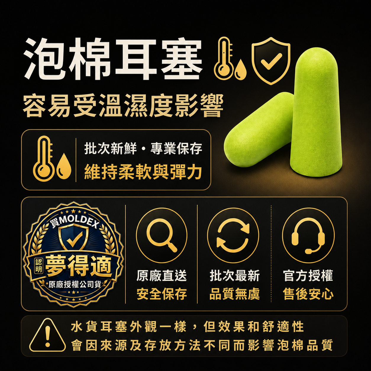 泡棉耳塞容易受溫濕度與存放方式影響；認明夢得適原廠授權公司貨，保留完整包裝與批號
